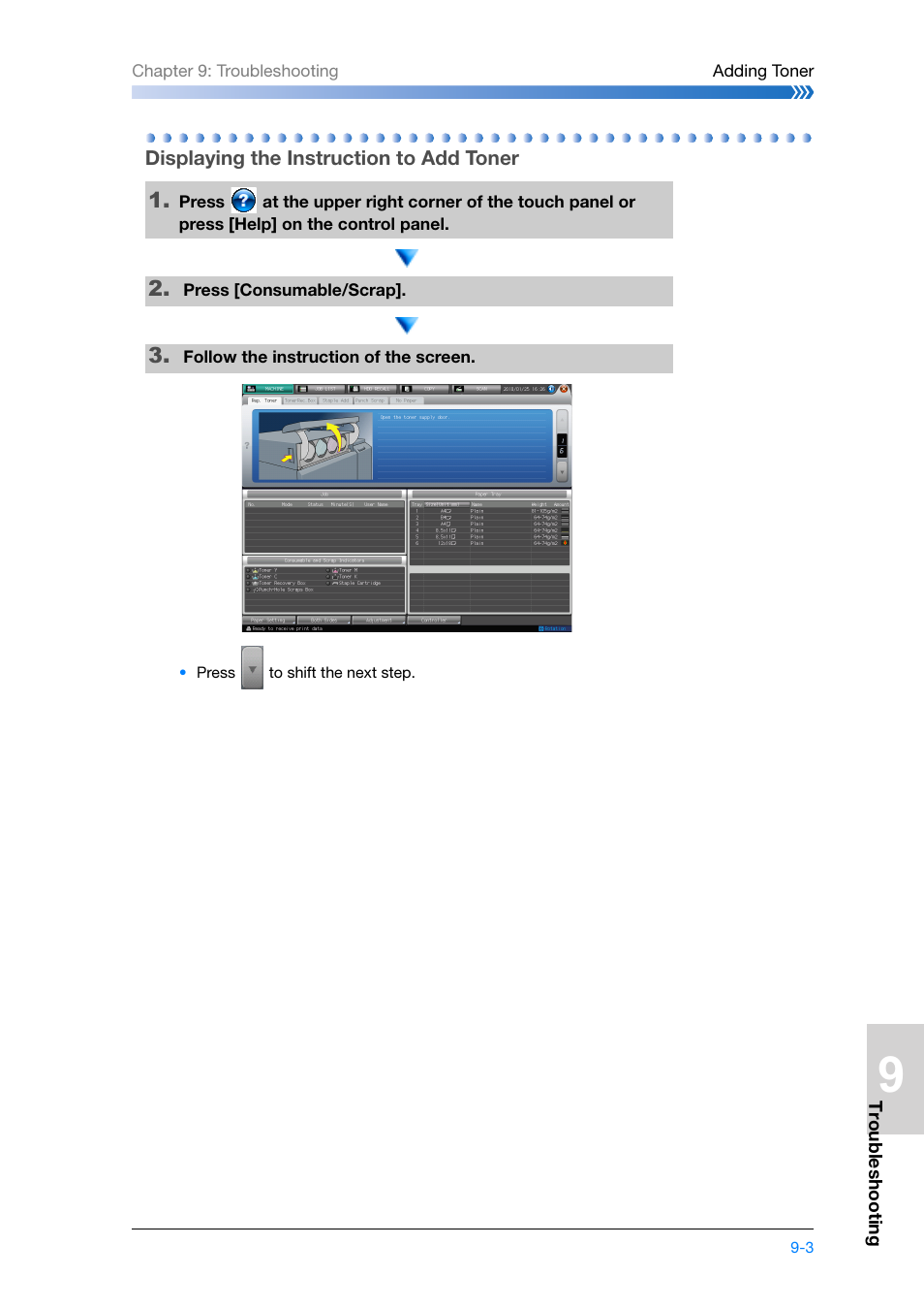 Displaying the instruction to add toner, Displaying the instruction to add toner -3 | Konica Minolta bizhub PRESS C8000e User Manual | Page 181 / 204