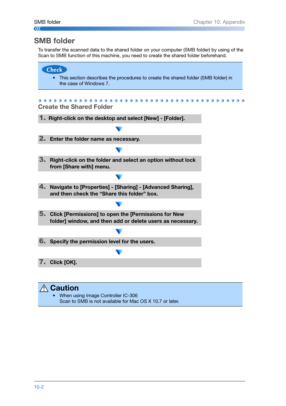 Smb folder, Create the shared folder, Smb folder -2 | Create the shared folder -2, P. 10-2, Caution | Konica Minolta bizhub PRESS C8000e User Manual | Page 196 / 204