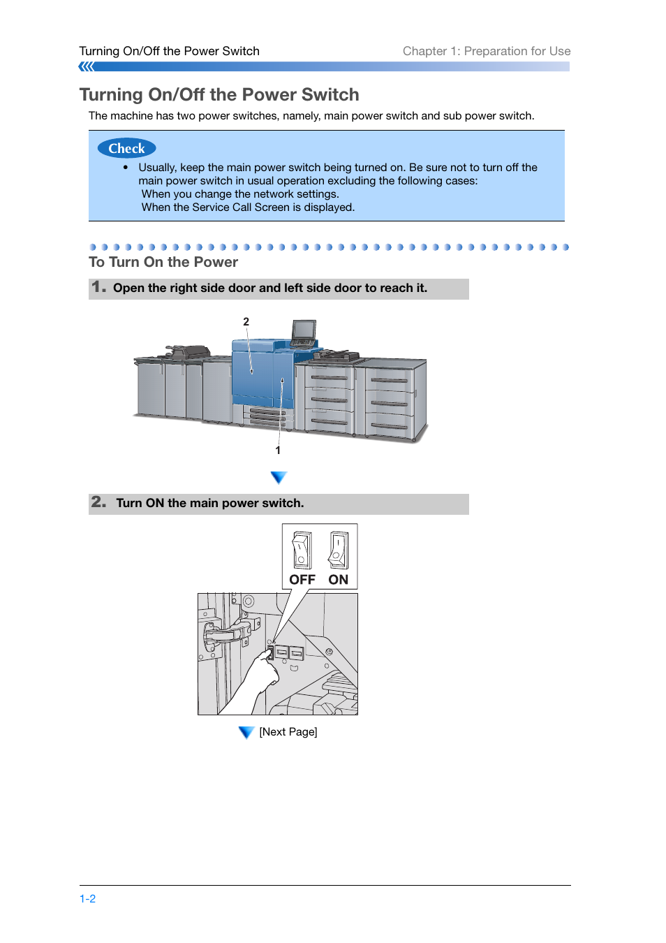 Turning on/off the power switch, To turn on the power, Turning on/off the power switch -2 | To turn on the power -2 | Konica Minolta bizhub PRESS C8000e User Manual | Page 24 / 204