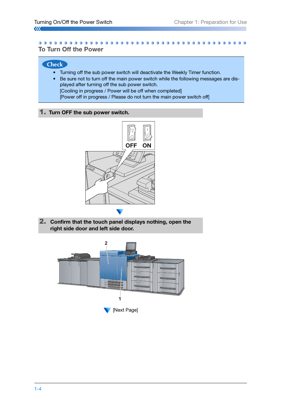 To turn off the power, To turn off the power -4 | Konica Minolta bizhub PRESS C8000e User Manual | Page 26 / 204