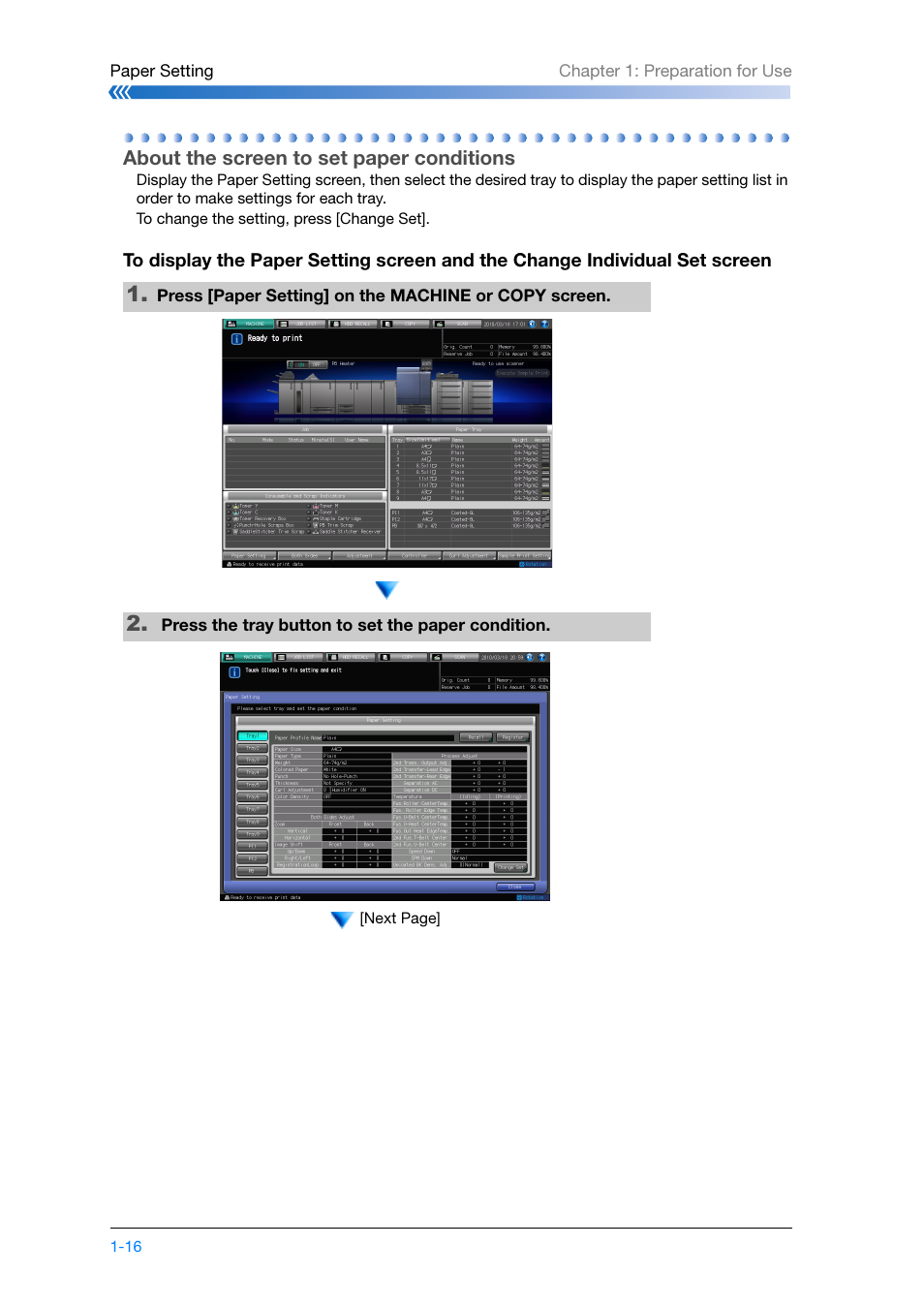 About the screen to set paper conditions, About the screen to set paper conditions -16 | Konica Minolta bizhub PRESS C8000e User Manual | Page 38 / 204