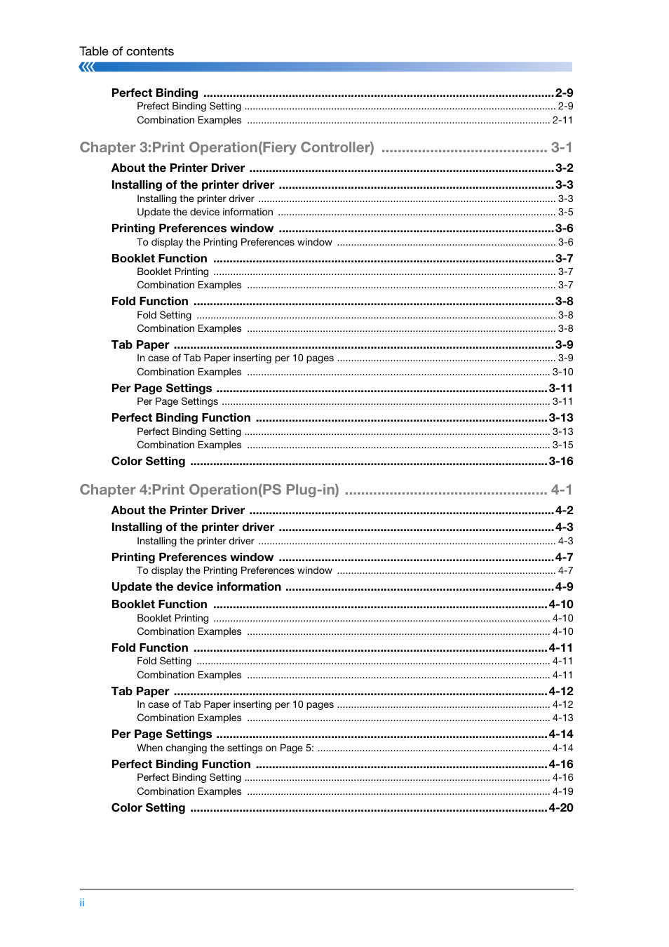 Chapter 3:print operation(fiery controller) -1, Chapter 4:print operation(ps plug-in) -1 | Konica Minolta bizhub PRESS C8000e User Manual | Page 4 / 204