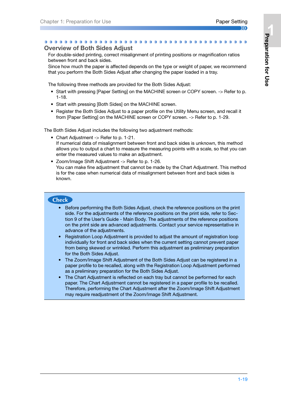 Overview of both sides adjust, Overview of both sides adjust -19, Fer to "overview of both sides adjust | P. 1-19) | Konica Minolta bizhub PRESS C8000e User Manual | Page 41 / 204