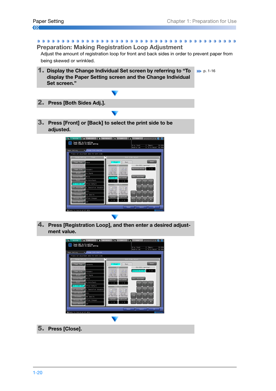 Preparation: making registration loop adjustment | Konica Minolta bizhub PRESS C8000e User Manual | Page 42 / 204