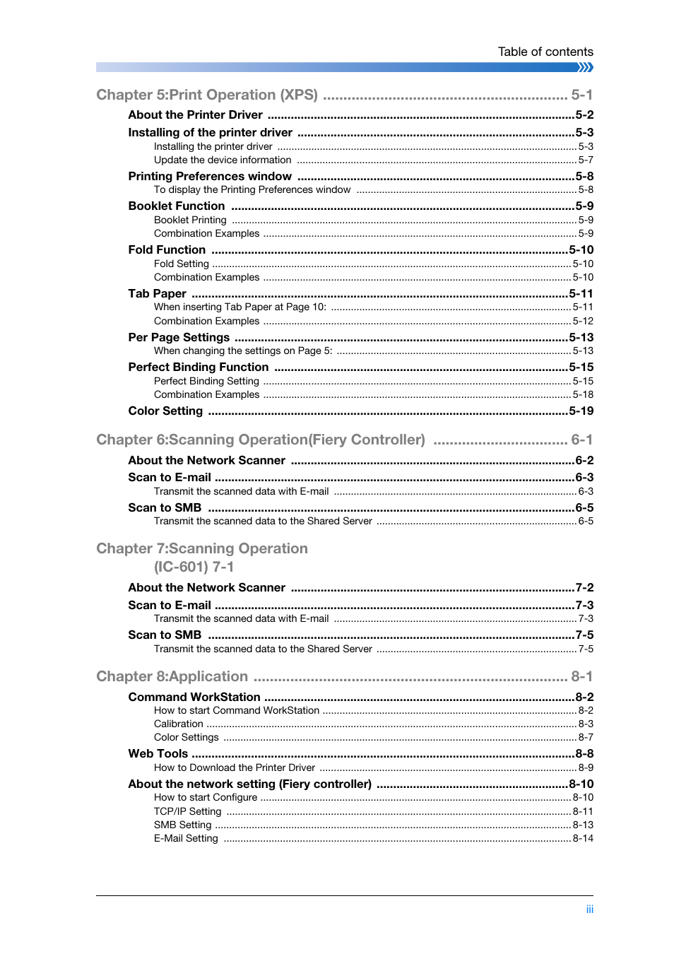 Chapter 5:print operation (xps) -1, Chapter 6:scanning operation(fiery controller) -1, Chapter 8:application -1 | Konica Minolta bizhub PRESS C8000e User Manual | Page 5 / 204