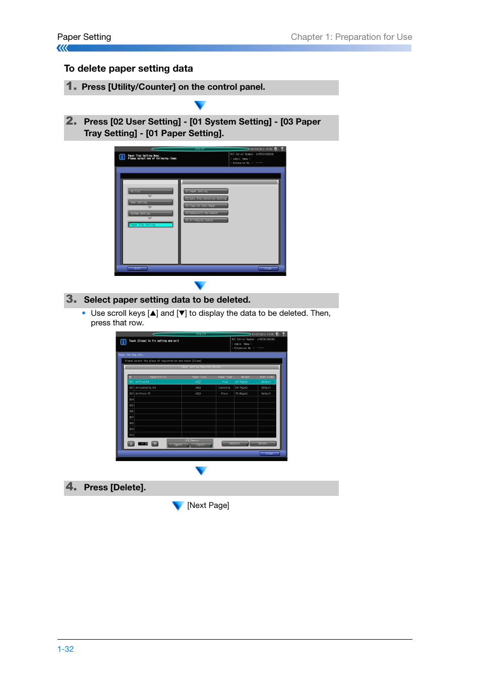 To delete paper setting data | Konica Minolta bizhub PRESS C8000e User Manual | Page 54 / 204