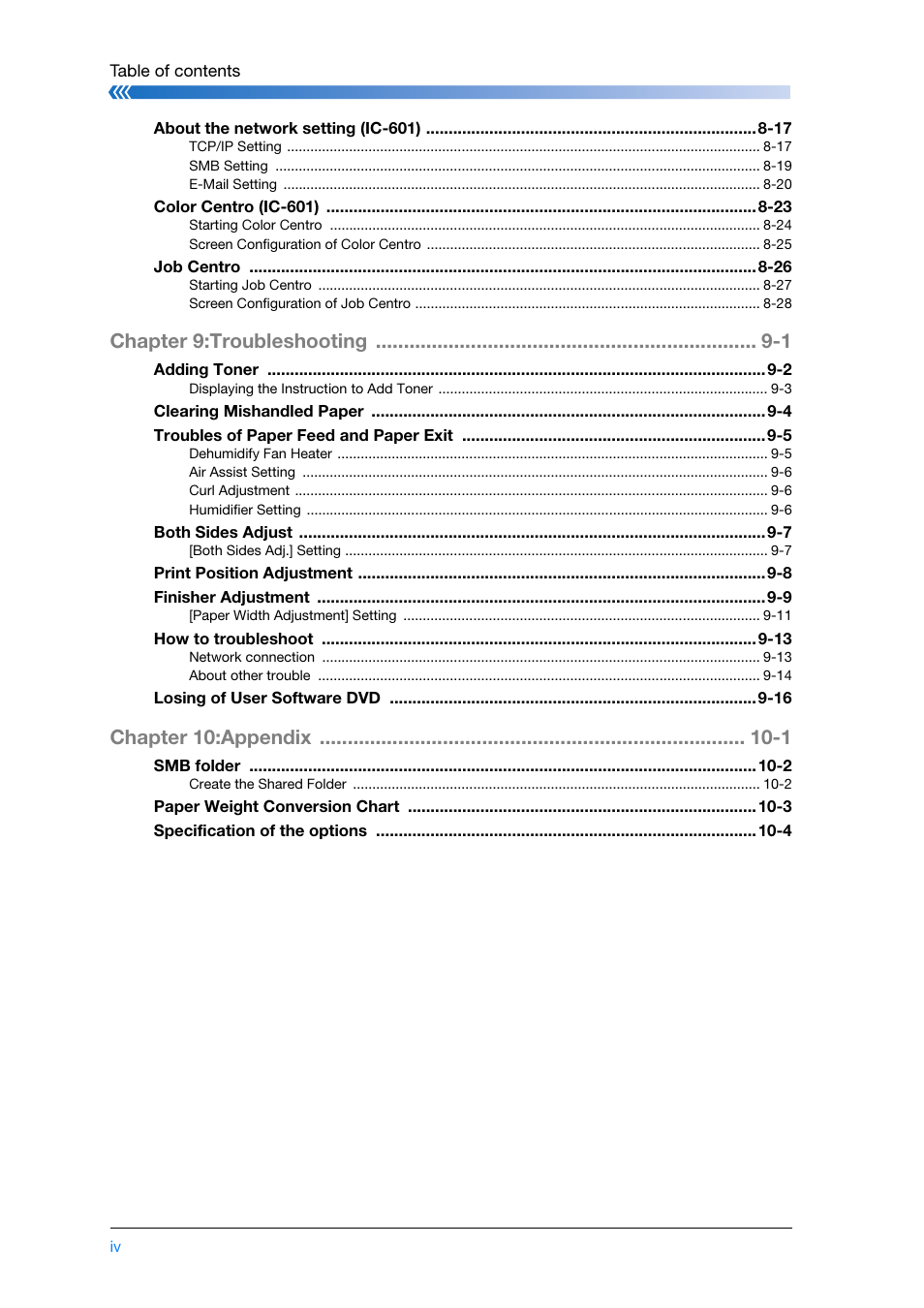 Chapter 9:troubleshooting -1, Chapter 10:appendix -1 | Konica Minolta bizhub PRESS C8000e User Manual | Page 6 / 204