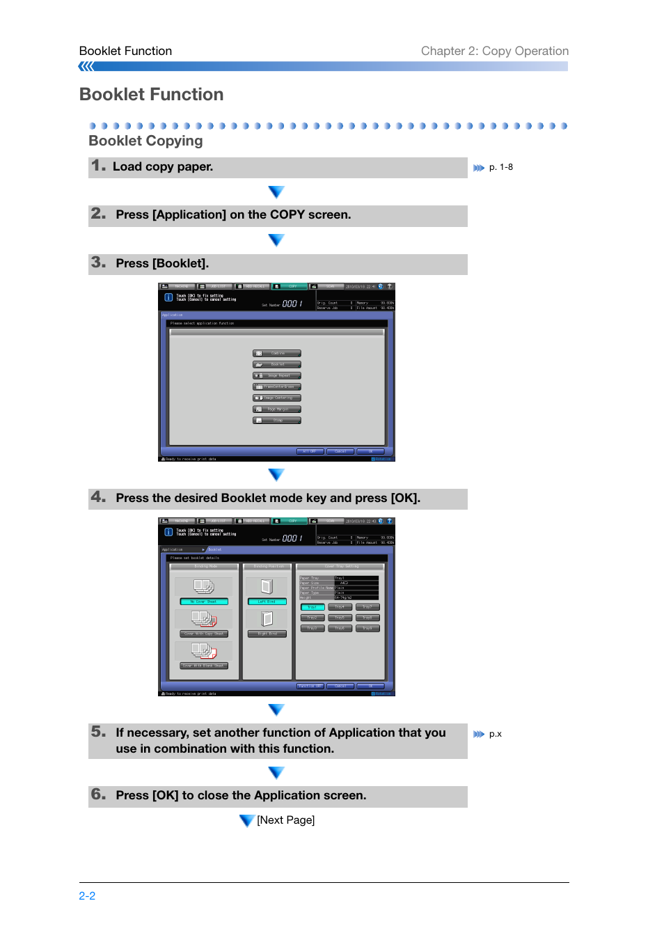 Booklet function, Booklet copying, Booklet function -2 | Booklet copying -2, Refer to p. 2-2 | Konica Minolta bizhub PRESS C8000e User Manual | Page 68 / 204