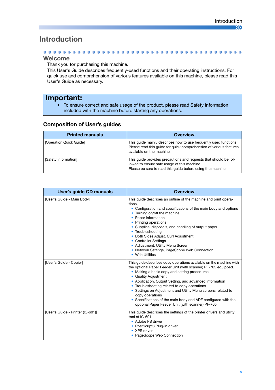 Introduction, Welcome, Composition of user’s guides | Important | Konica Minolta bizhub PRESS C8000e User Manual | Page 7 / 204