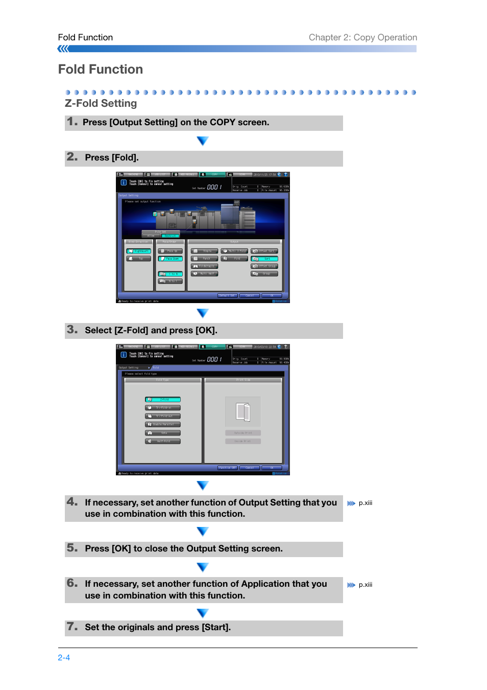 Fold function, Z-fold setting, Fold function -4 | Z-fold setting -4, Refer to p. 2-4 | Konica Minolta bizhub PRESS C8000e User Manual | Page 70 / 204