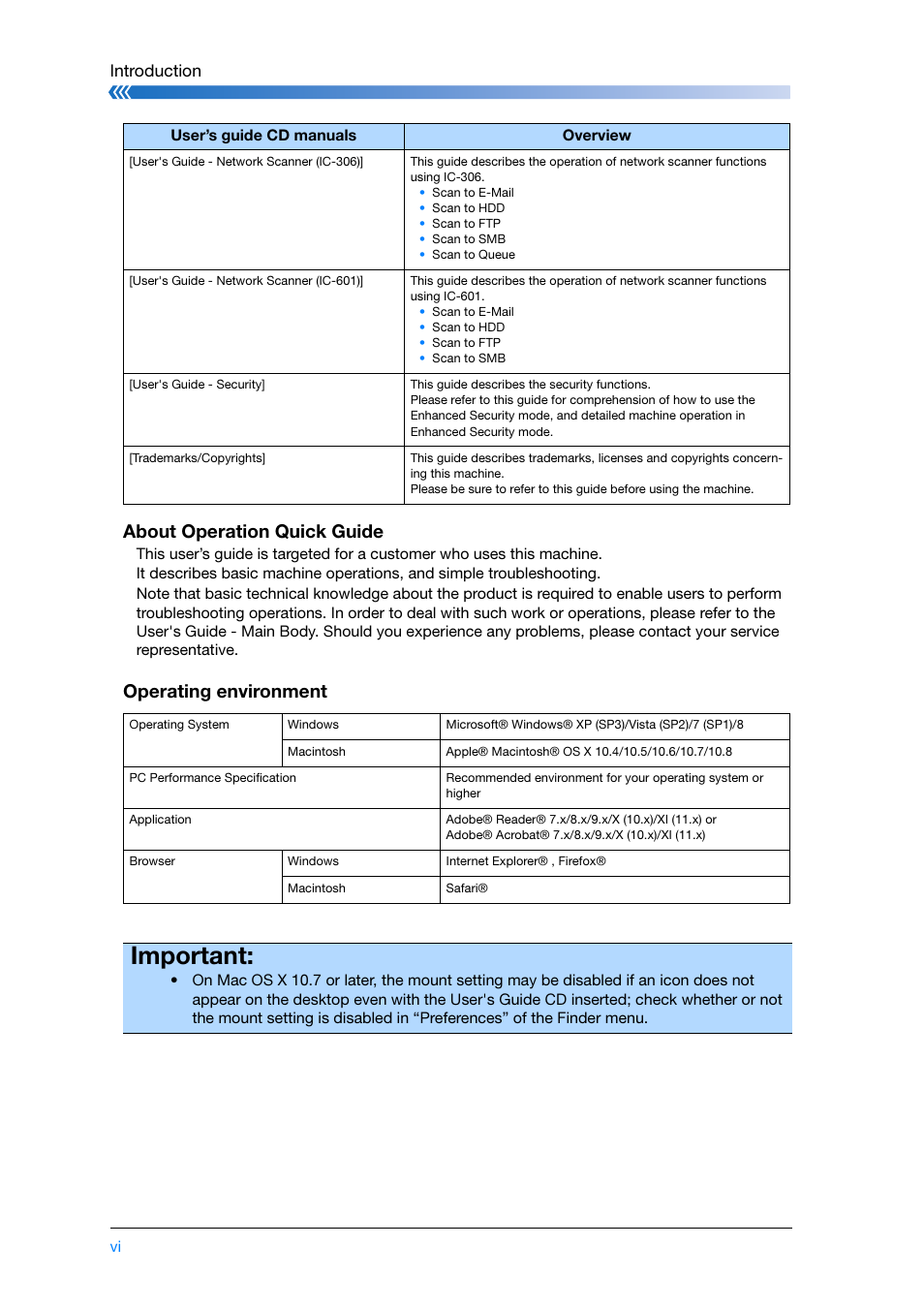 About operation quick guide, Operating environment, Important | Introduction | Konica Minolta bizhub PRESS C8000e User Manual | Page 8 / 204