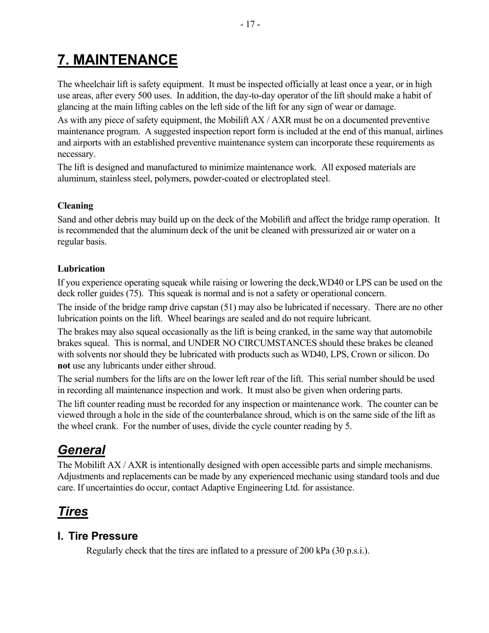 Maintenance, General, Tires | Adaptive Engineering AXR User Manual | Page 18 / 28