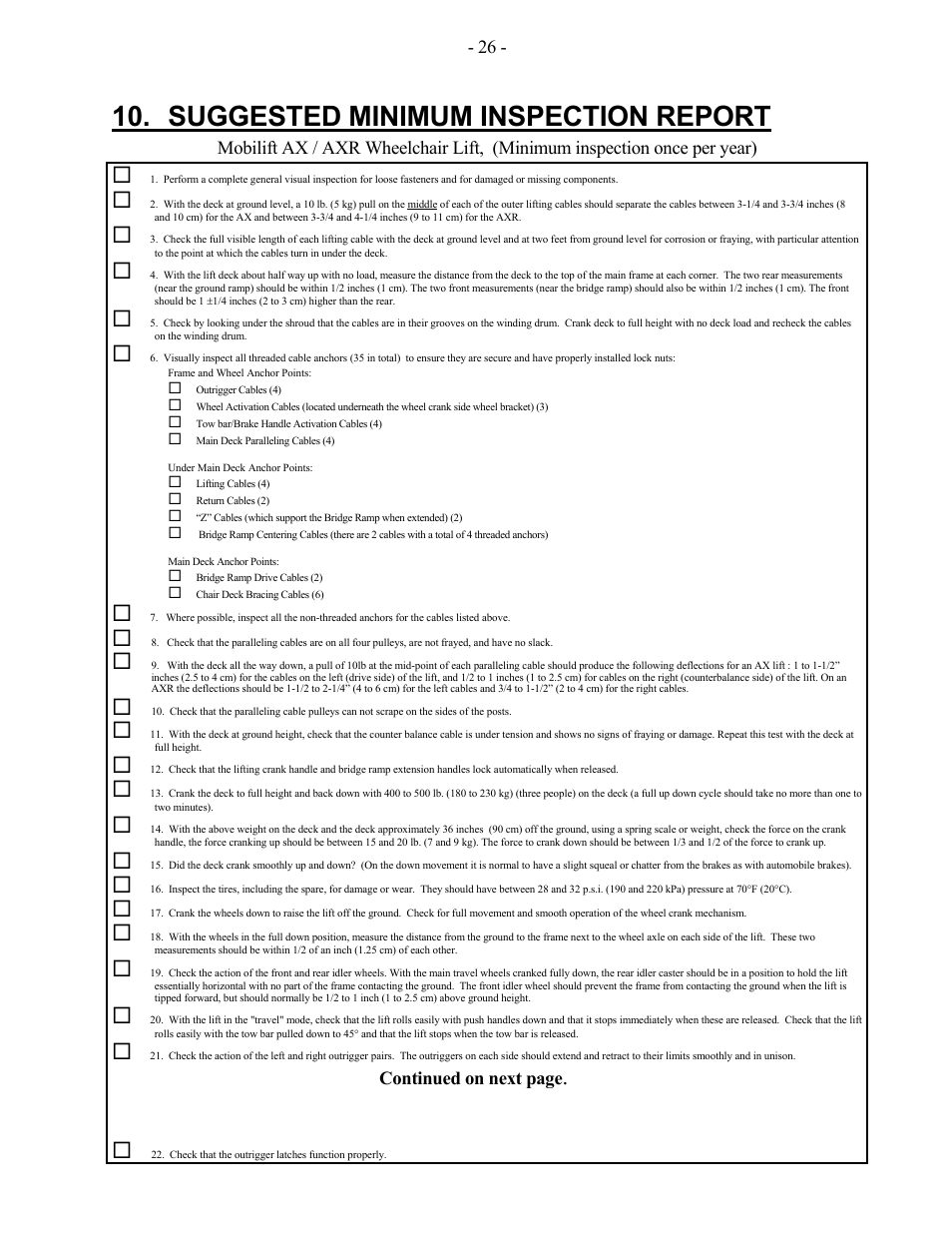 Suggested minimum inspection report, Continued on next page | Adaptive Engineering AXR User Manual | Page 27 / 28