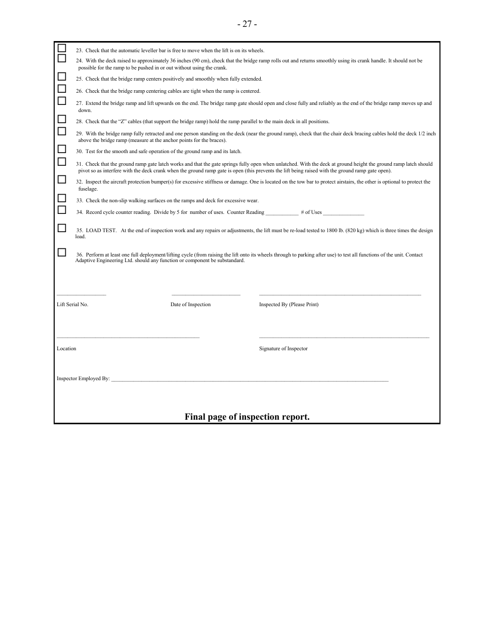 Final page of inspection report | Adaptive Engineering AXR User Manual | Page 28 / 28