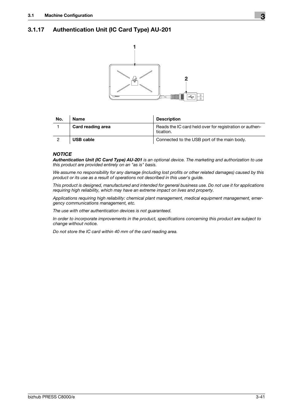 17 authentication unit (ic card type) au-201, Authentication unit (ic card type) au-201 -41 | Konica Minolta bizhub PRESS C8000e User Manual | Page 105 / 706