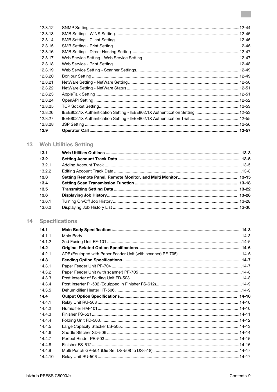 13 web utilities setting, 14 specifications | Konica Minolta bizhub PRESS C8000e User Manual | Page 11 / 706