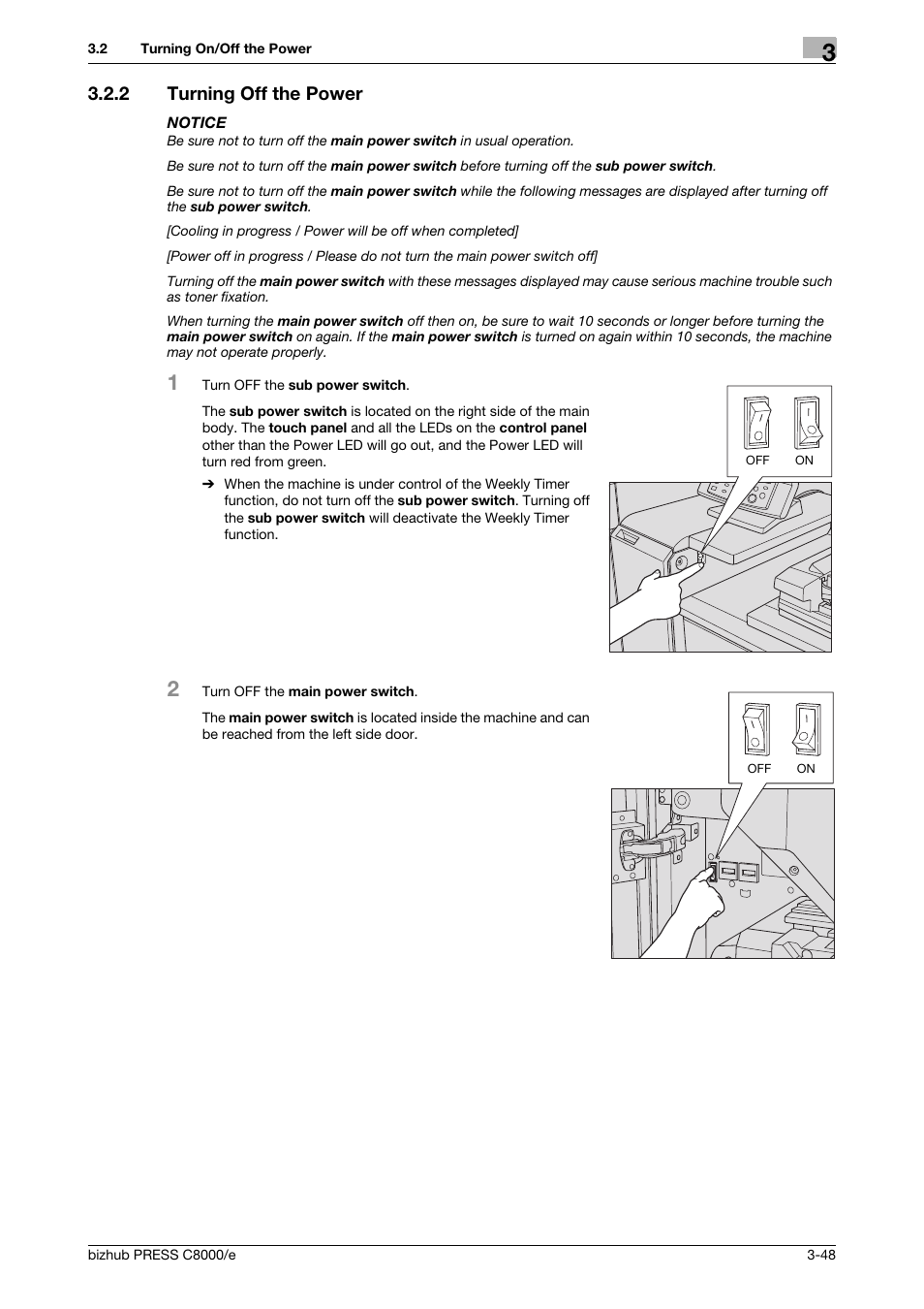 2 turning off the power, Turning off the power -48 | Konica Minolta bizhub PRESS C8000e User Manual | Page 112 / 706