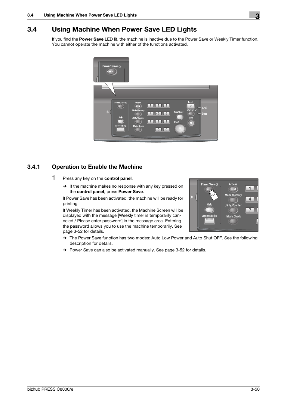 4 using machine when power save led lights, 1 operation to enable the machine, Using machine when power save led lights -50 | Operation to enable the machine -50 | Konica Minolta bizhub PRESS C8000e User Manual | Page 114 / 706