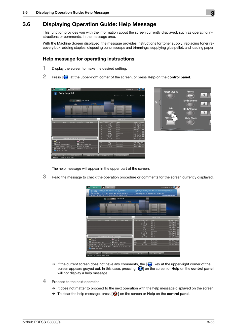 6 displaying operation guide: help message, Help message for operating instructions, Displaying operation guide: help message -55 | Konica Minolta bizhub PRESS C8000e User Manual | Page 119 / 706