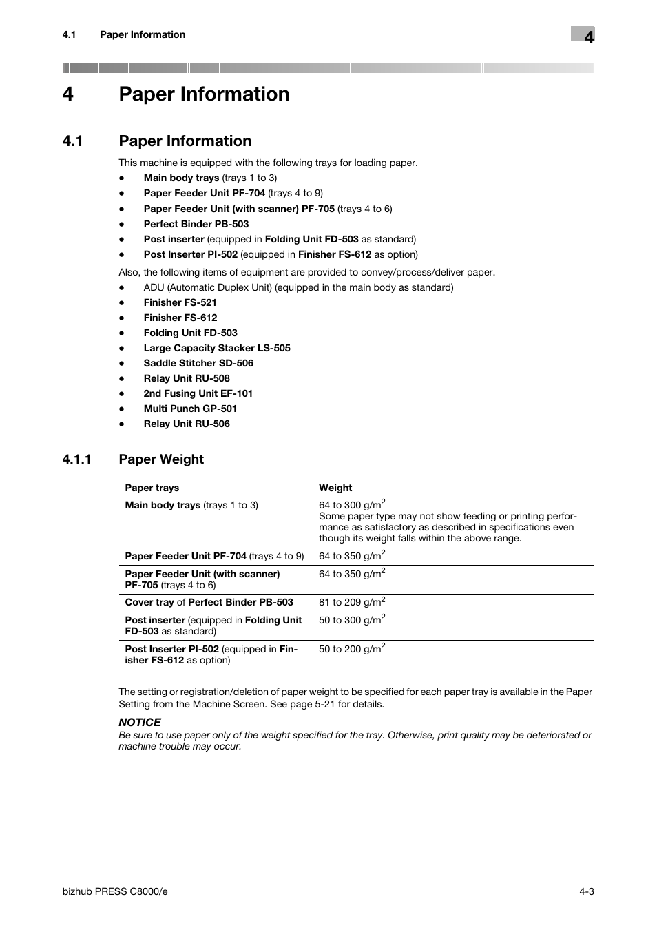 4 paper information, 1 paper information, 1 paper weight | Paper information, Paper information -3, Paper weight -3, 4paper information | Konica Minolta bizhub PRESS C8000e User Manual | Page 125 / 706