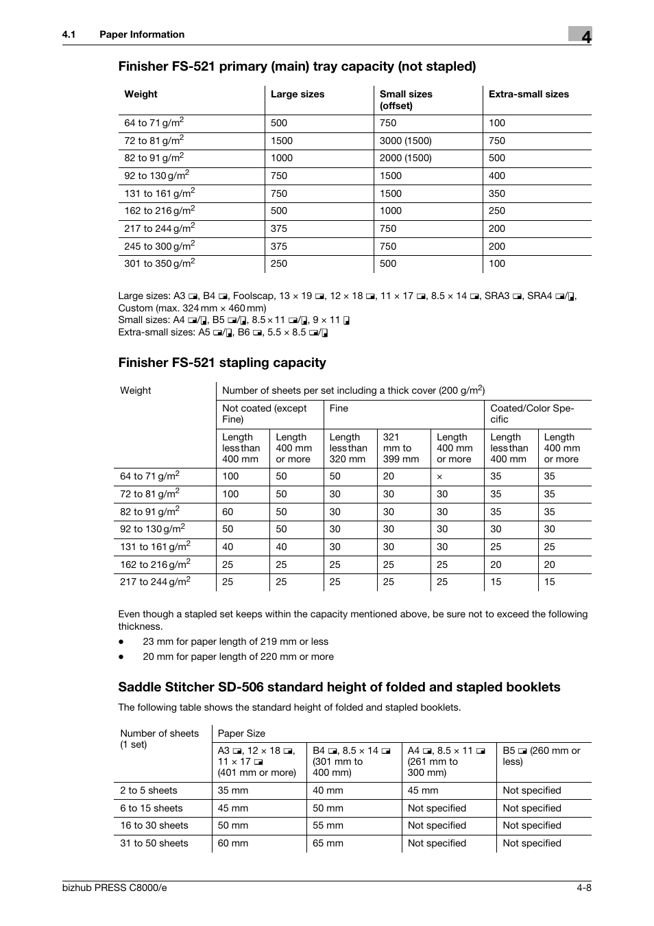 Finisher fs-521 stapling capacity | Konica Minolta bizhub PRESS C8000e User Manual | Page 130 / 706