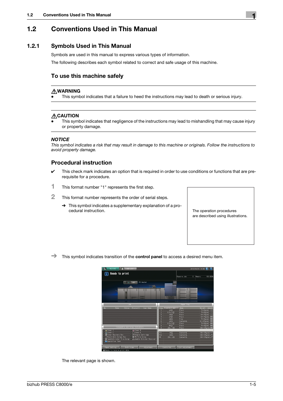 2 conventions used in this manual, 1 symbols used in this manual, To use this machine safely | Procedural instruction, Conventions used in this manual -5, Symbols used in this manual -5 | Konica Minolta bizhub PRESS C8000e User Manual | Page 17 / 706