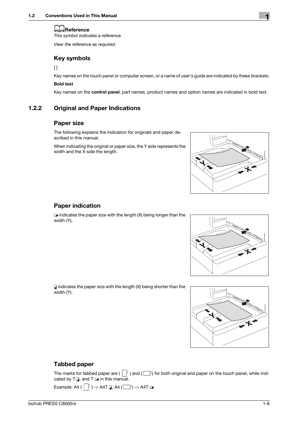 Key symbols, 2 original and paper indications, Paper size | Paper indication, Tabbed paper, Original and paper indications -6 | Konica Minolta bizhub PRESS C8000e User Manual | Page 18 / 706