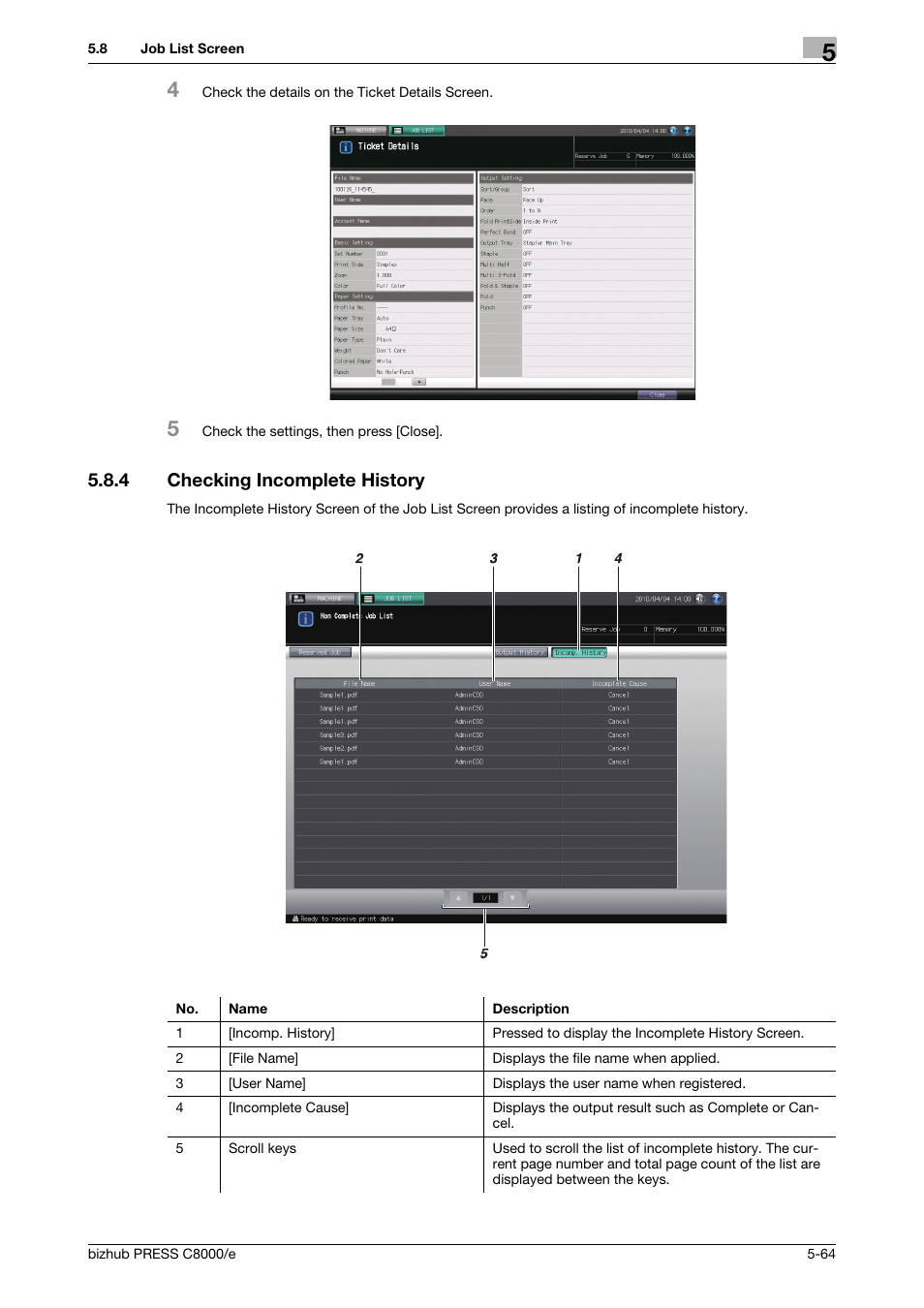 4 checking incomplete history, Checking incomplete history -64 | Konica Minolta bizhub PRESS C8000e User Manual | Page 204 / 706