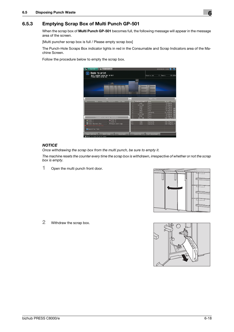 3 emptying scrap box of multi punch gp-501, Emptying scrap box of multi punch gp-501 -18 | Konica Minolta bizhub PRESS C8000e User Manual | Page 234 / 706