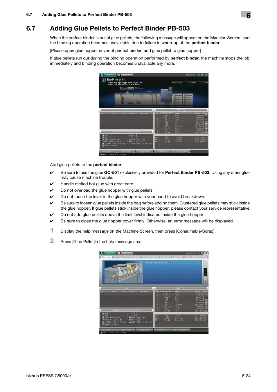 7 adding glue pellets to perfect binder pb-503, Adding glue pellets to perfect binder pb-503 -24 | Konica Minolta bizhub PRESS C8000e User Manual | Page 240 / 706