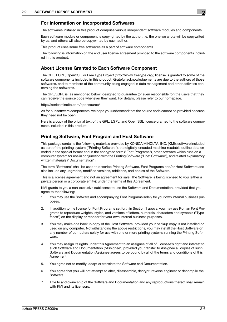 For information on incorporated softwares, About license granted to each software component, Printing software, font program and host software | Konica Minolta bizhub PRESS C8000e User Manual | Page 26 / 706