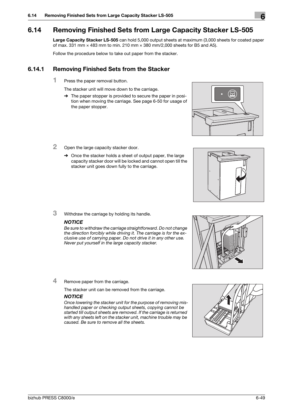 1 removing finished sets from the stacker, Removing finished sets from the stacker -49 | Konica Minolta bizhub PRESS C8000e User Manual | Page 265 / 706