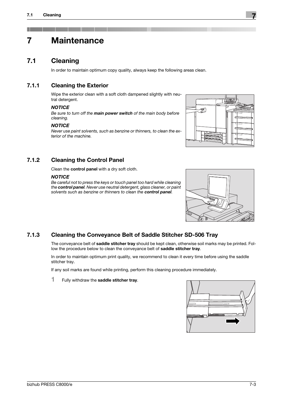 7 maintenance, 1 cleaning, 1 cleaning the exterior | 2 cleaning the control panel, Maintenance, Cleaning -3, Cleaning the exterior -3, Cleaning the control panel -3, 7maintenance | Konica Minolta bizhub PRESS C8000e User Manual | Page 271 / 706