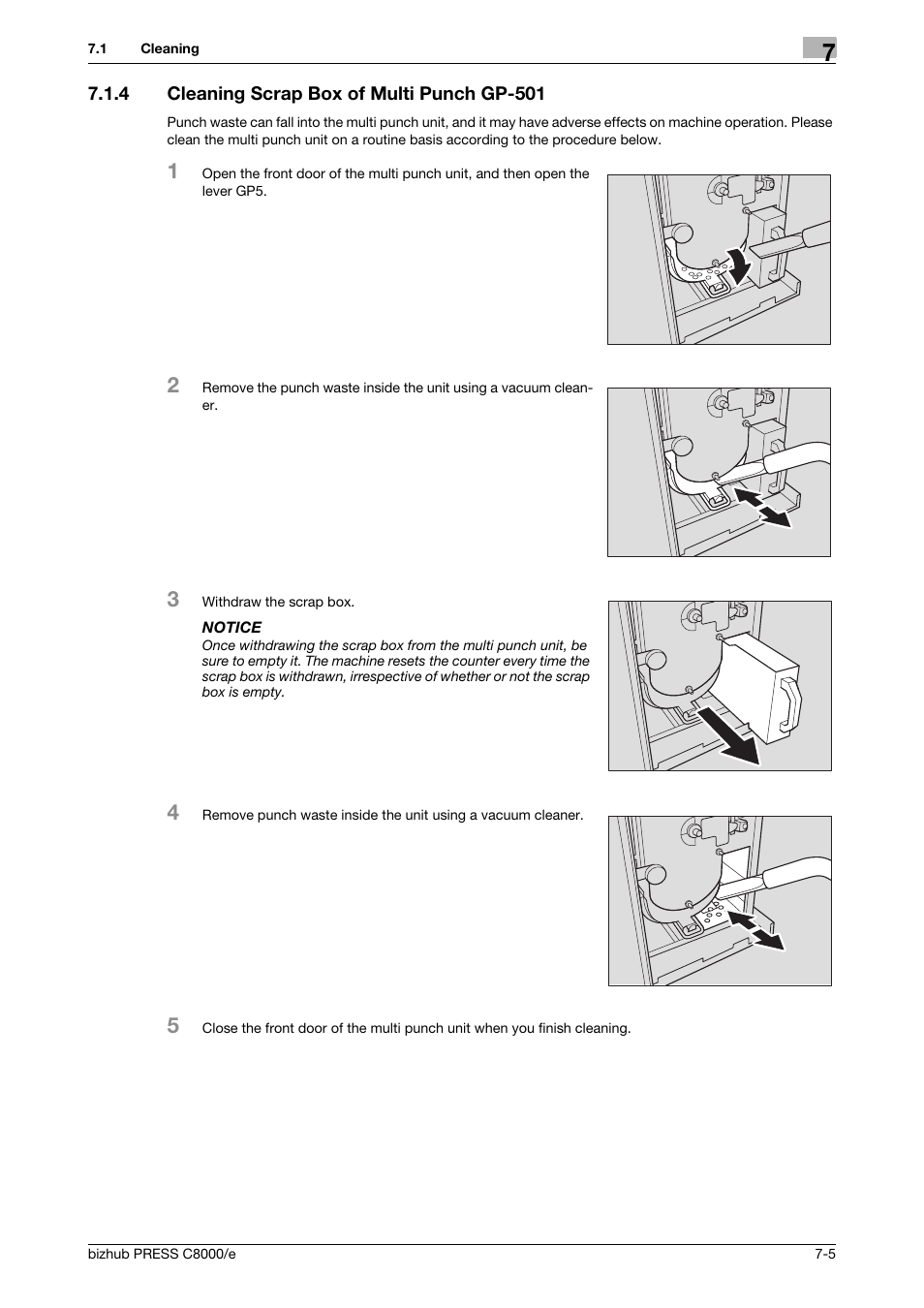4 cleaning scrap box of multi punch gp-501, Cleaning scrap box of multi punch gp-501 -5 | Konica Minolta bizhub PRESS C8000e User Manual | Page 273 / 706