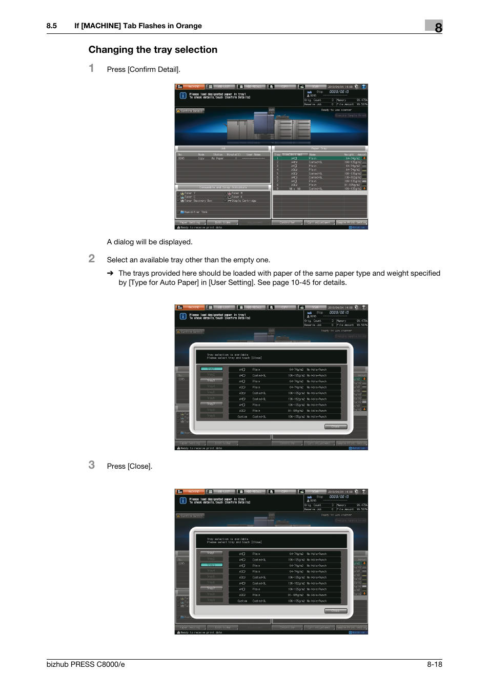 Changing the tray selection | Konica Minolta bizhub PRESS C8000e User Manual | Page 296 / 706