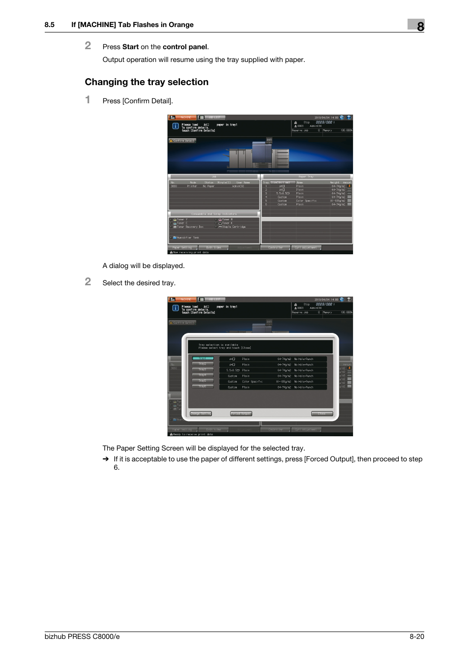 Changing the tray selection | Konica Minolta bizhub PRESS C8000e User Manual | Page 298 / 706