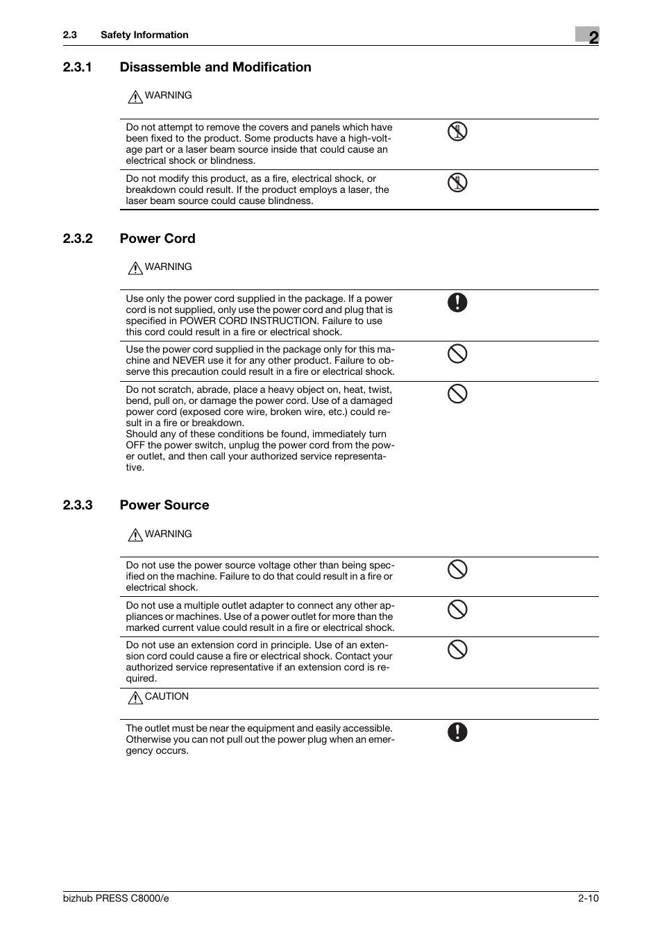 1 disassemble and modification, 2 power cord, 3 power source | Disassemble and modification -10, Power cord -10, Power source -10 | Konica Minolta bizhub PRESS C8000e User Manual | Page 30 / 706