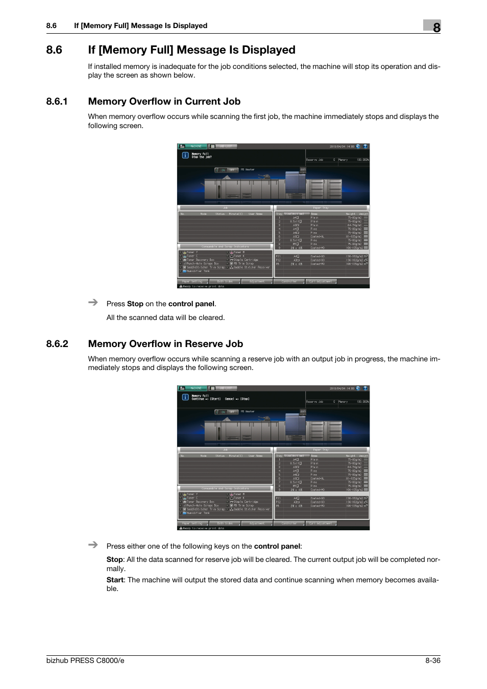 6 if [memory full] message is displayed, 1 memory overflow in current job, 2 memory overflow in reserve job | If [memory full] message is displayed -36, Memory overflow in current job -36, Memory overflow in reserve job -36 | Konica Minolta bizhub PRESS C8000e User Manual | Page 314 / 706