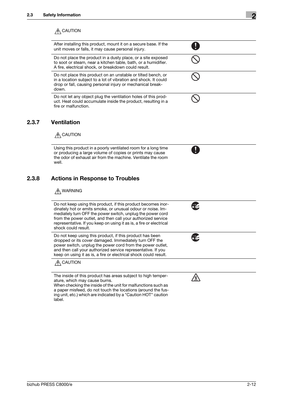 7 ventilation, 8 actions in response to troubles, Ventilation -12 | Actions in response to troubles -12 | Konica Minolta bizhub PRESS C8000e User Manual | Page 32 / 706