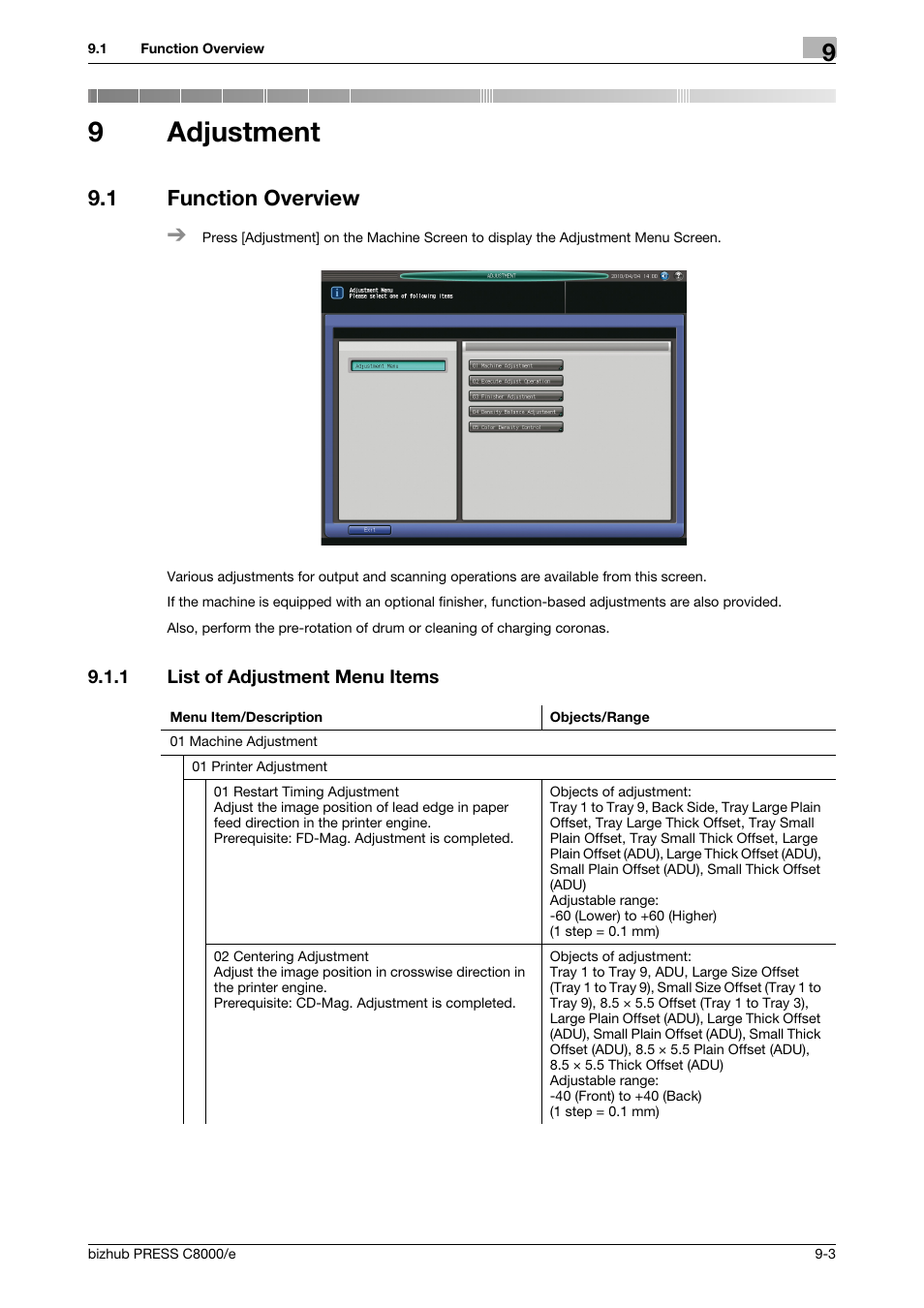 9 adjustment, 1 function overview, 1 list of adjustment menu items | Adjustment, Function overview -3, List of adjustment menu items -3, 9adjustment | Konica Minolta bizhub PRESS C8000e User Manual | Page 321 / 706
