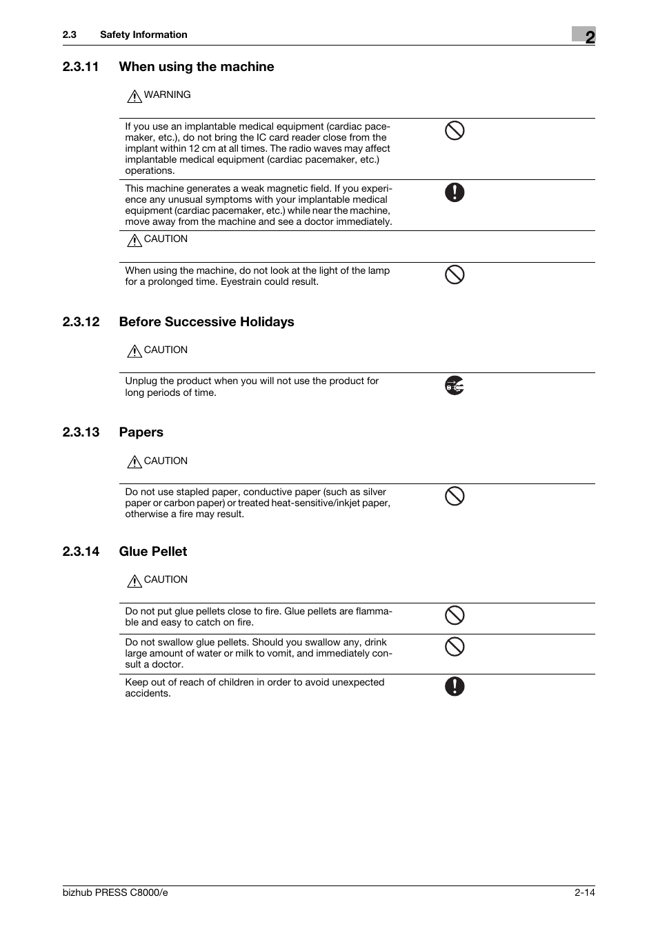 11 when using the machine, 12 before successive holidays, 13 papers | 14 glue pellet, When using the machine -14, Before successive holidays -14, Papers -14, Glue pellet -14 | Konica Minolta bizhub PRESS C8000e User Manual | Page 34 / 706