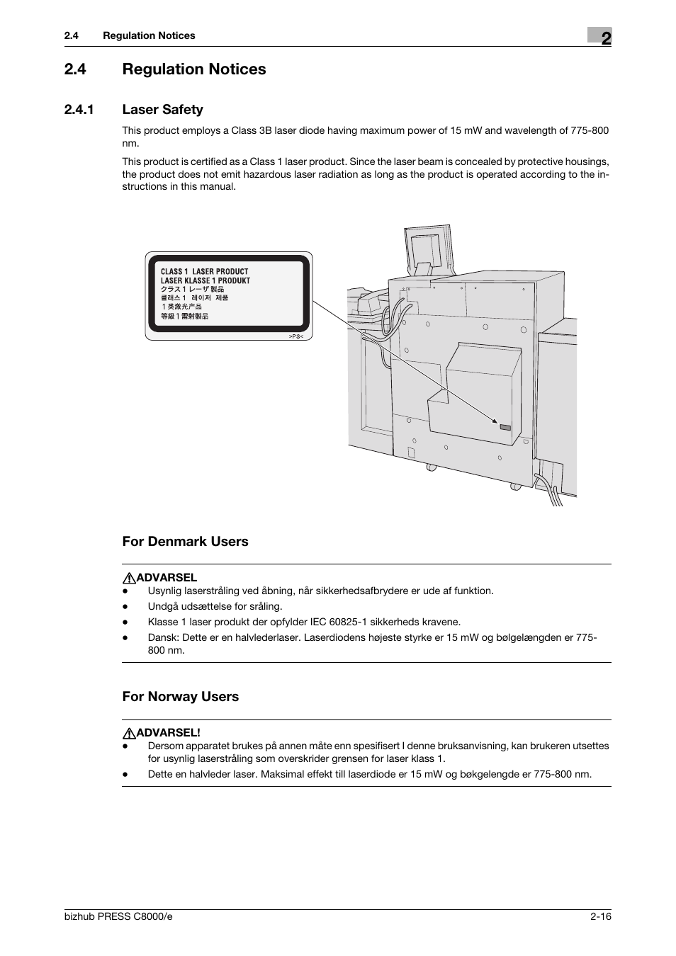 4 regulation notices, 1 laser safety, For denmark users | For norway users, Regulation notices -16, Laser safety -16 | Konica Minolta bizhub PRESS C8000e User Manual | Page 36 / 706