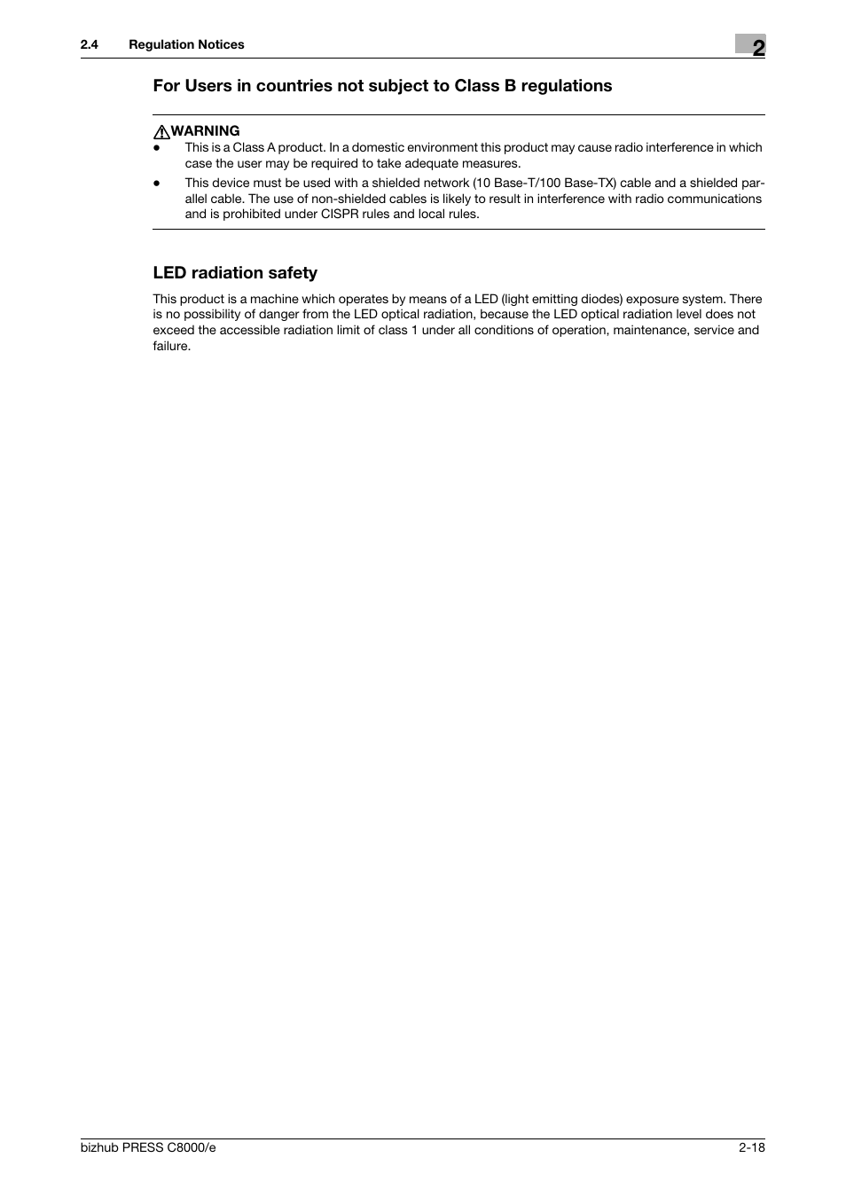 Led radiation safety | Konica Minolta bizhub PRESS C8000e User Manual | Page 38 / 706