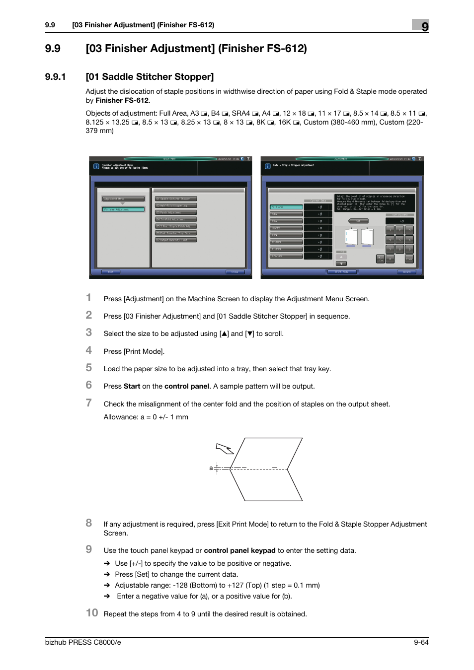 9 [03 finisher adjustment] (finisher fs-612), 1 [01 saddle stitcher stopper, 03 finisher adjustment] (finisher fs-612) -64 | 01 saddle stitcher stopper] -64 | Konica Minolta bizhub PRESS C8000e User Manual | Page 382 / 706