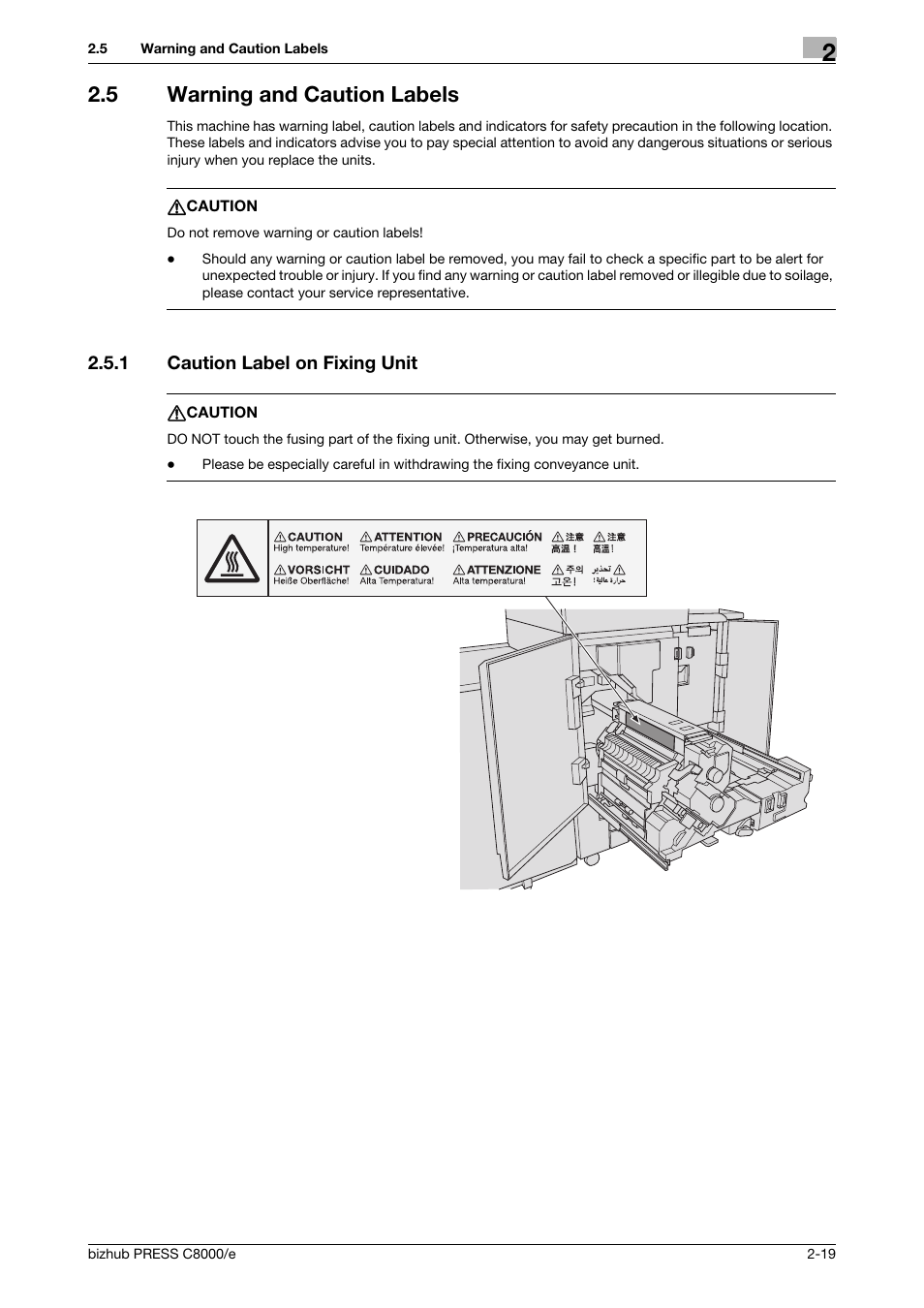 5 warning and caution labels, 1 caution label on fixing unit, Warning and caution labels -19 | Caution label on fixing unit -19 | Konica Minolta bizhub PRESS C8000e User Manual | Page 39 / 706
