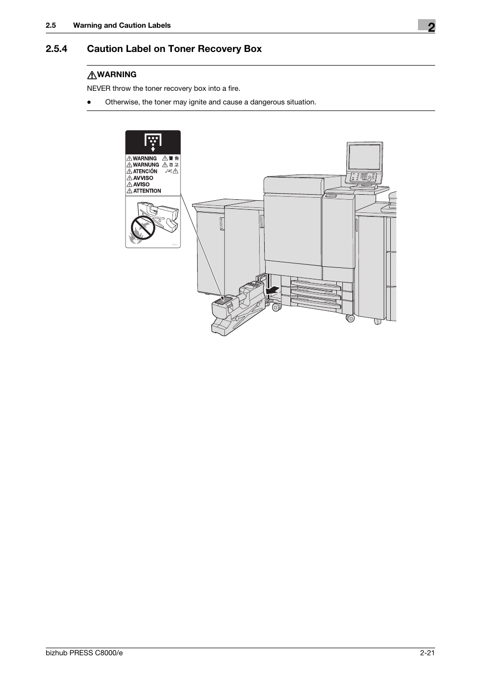 4 caution label on toner recovery box, Caution label on toner recovery box -21 | Konica Minolta bizhub PRESS C8000e User Manual | Page 41 / 706