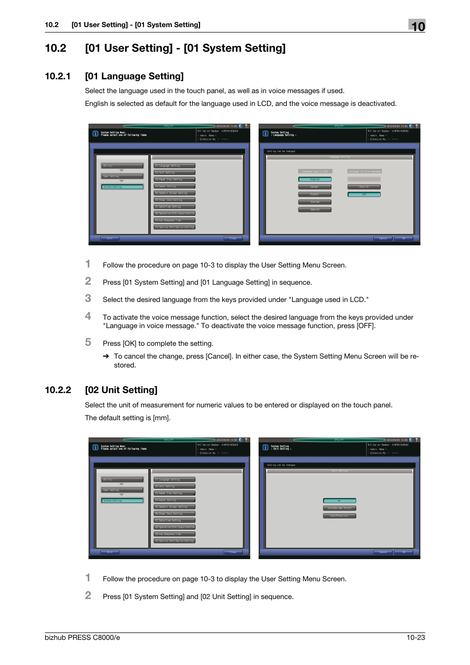 2 [01 user setting] - [01 system setting, 1 [01 language setting, 2 [02 unit setting | 01 user setting] - [01 system setting] -23, 01 language setting] -23, 02 unit setting] -23 | Konica Minolta bizhub PRESS C8000e User Manual | Page 437 / 706