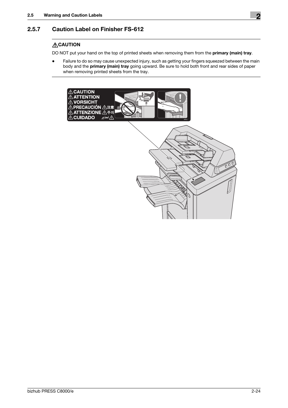 7 caution label on finisher fs-612, Caution label on finisher fs-612 -24 | Konica Minolta bizhub PRESS C8000e User Manual | Page 44 / 706