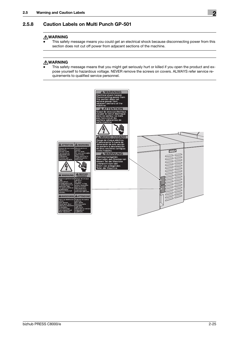 8 caution labels on multi punch gp-501, Caution labels on multi punch gp-501 -25 | Konica Minolta bizhub PRESS C8000e User Manual | Page 45 / 706