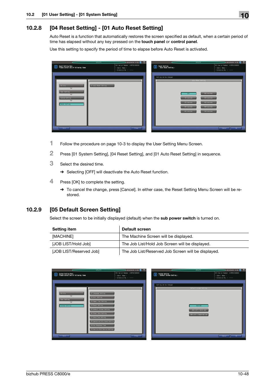 8 [04 reset setting] - [01 auto reset setting, 9 [05 default screen setting, 04 reset setting] - [01 auto reset setting] -48 | 05 default screen setting] -48 | Konica Minolta bizhub PRESS C8000e User Manual | Page 462 / 706